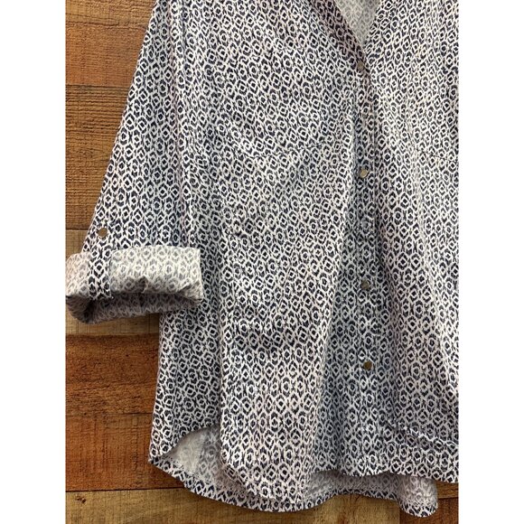 Nico Womens Button-Up Blouse L White & Navy Geometric Print 3/4 Sleeve - Picture 2 of 7